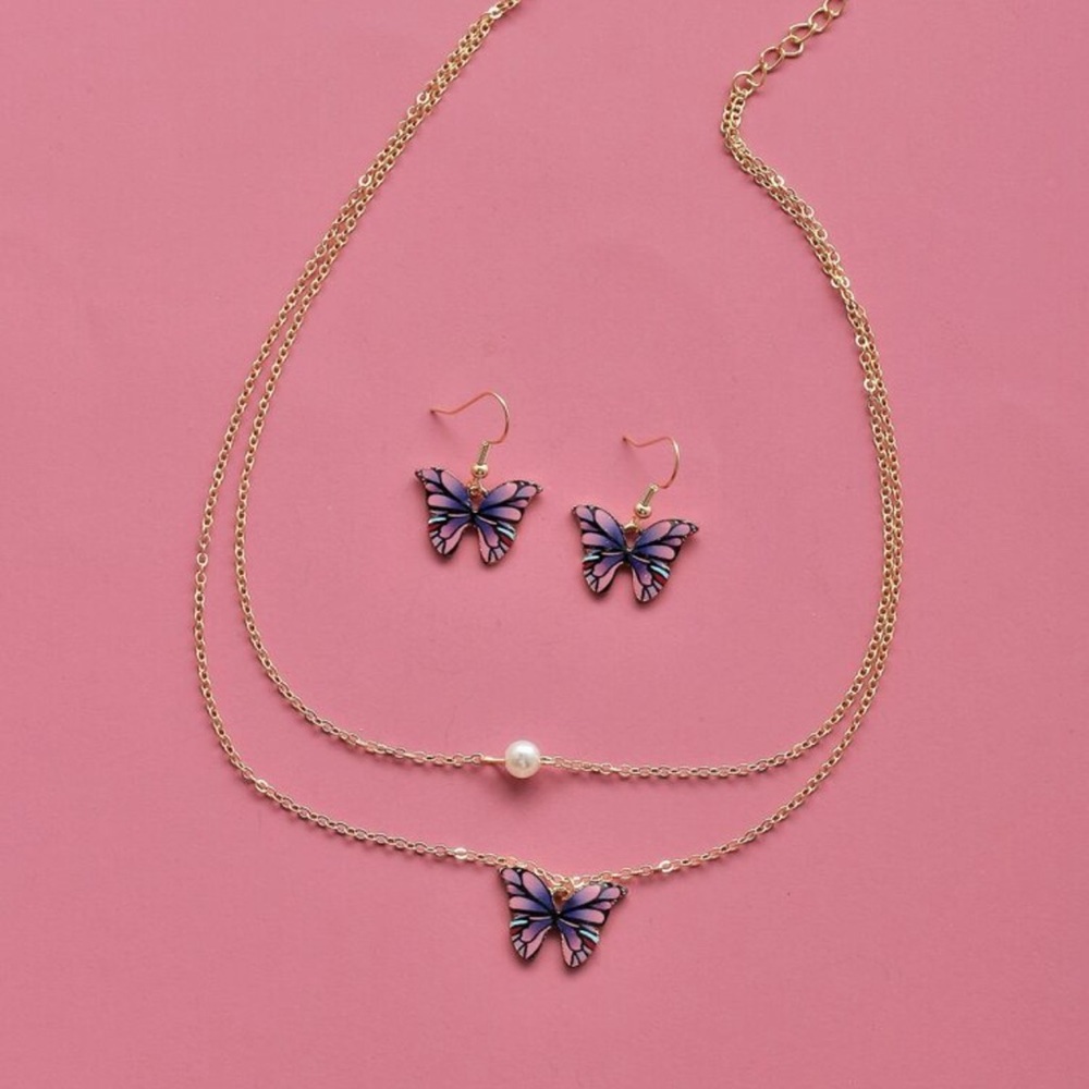 Earrings & necklace butterfly & pearl jewelry set